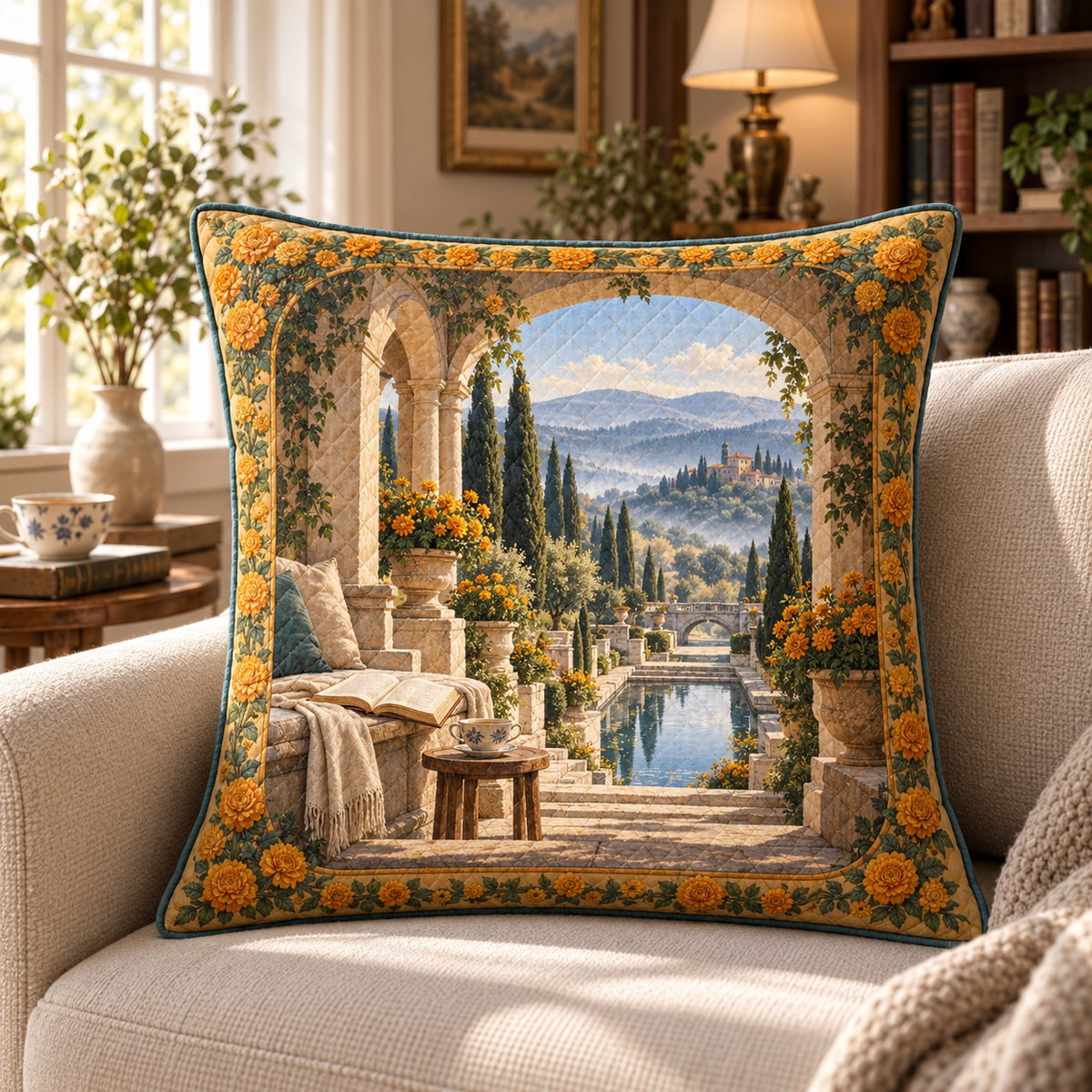 Marigold Stillwater Quilted Cushion Cover with flat printed quiet reading alcove and reflecting garden artwork