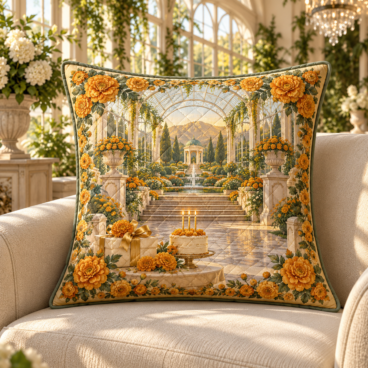 Marigold Jubilee Quilted Cushion Cover with flat printed birthday conservatory artwork