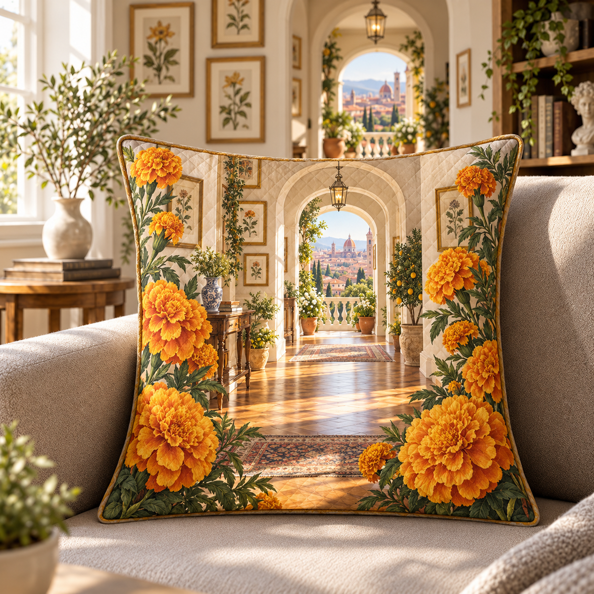 Marigold City Gallery Quilted Cushion Cover with flat printed optical 3D botanical artwork