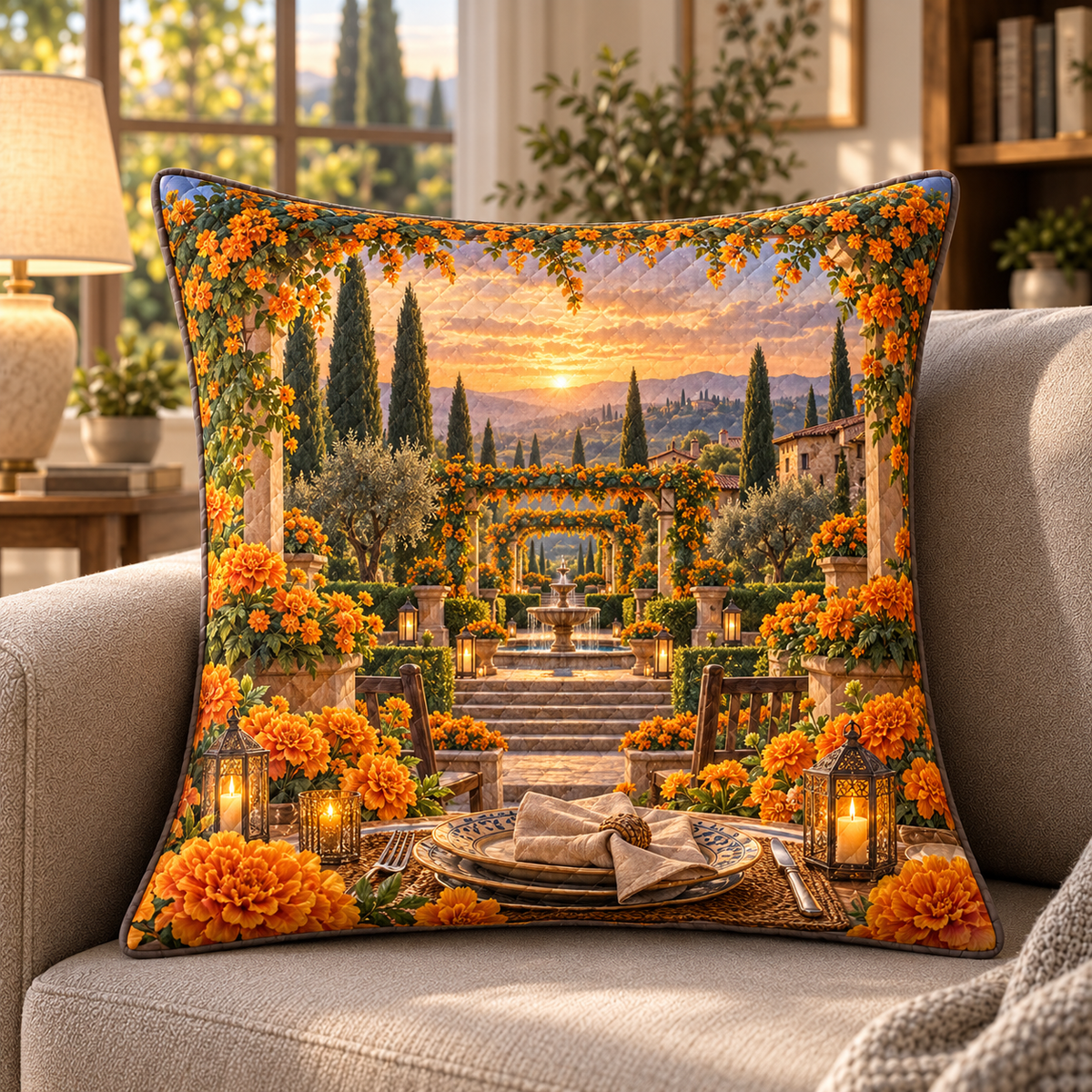 Marigold Welcome Table Quilted Cushion Cover with flat printed optical 3D botanical artwork