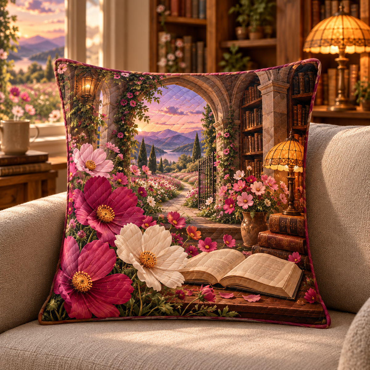 Cosmos Reading Haven Quilted Cushion Cover with flat printed optical 3D cosmos and library artwork