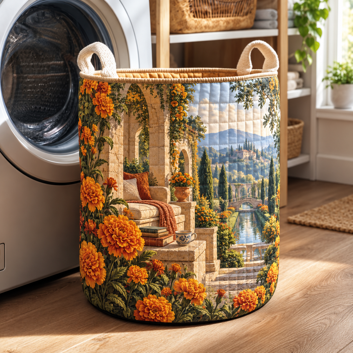 Marigold Stillwater Laundry Hamper with flat printed quiet reading alcove and reflecting garden artwork