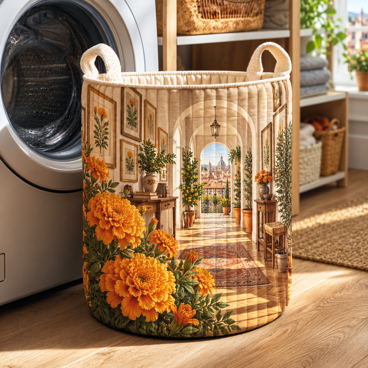 Marigold City Gallery Laundry Hamper with flat printed optical 3D botanical artwork