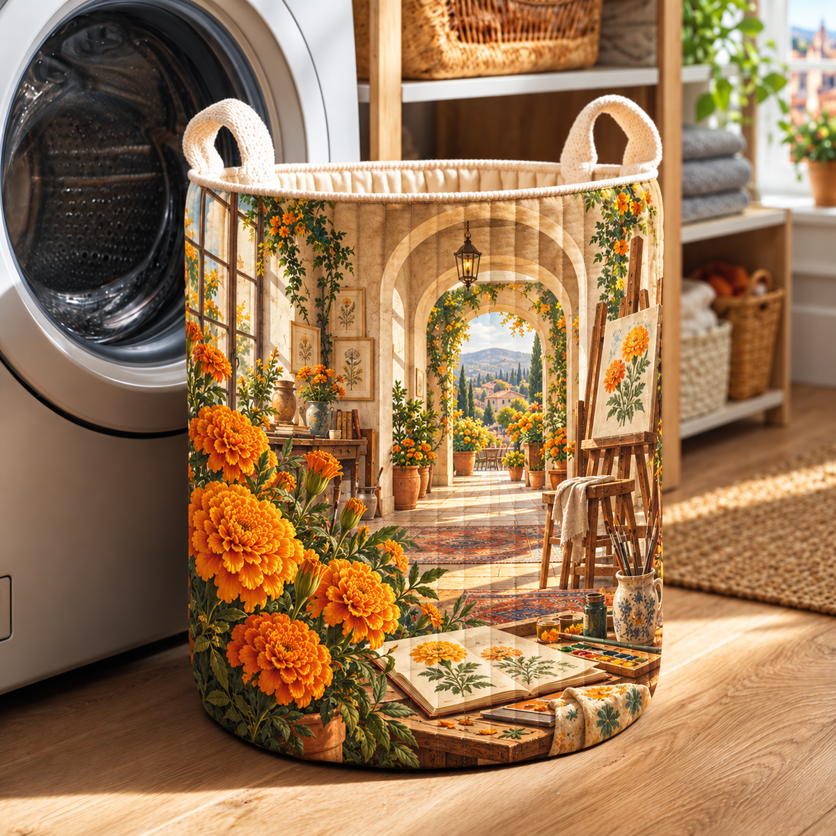 Marigold Creative Retreat Laundry Hamper with flat printed optical 3D botanical artwork