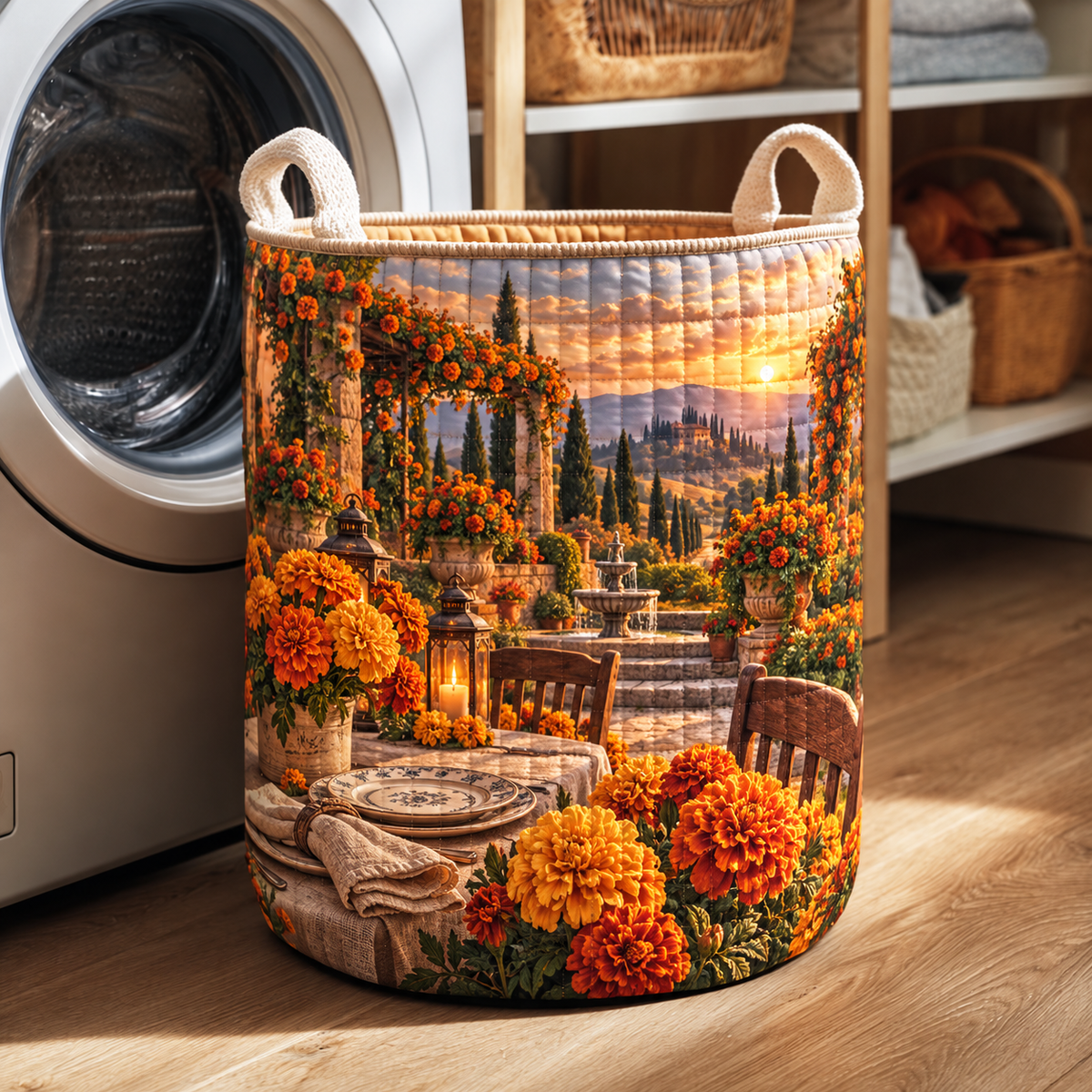Marigold Welcome Table Laundry Hamper with flat printed optical 3D botanical artwork