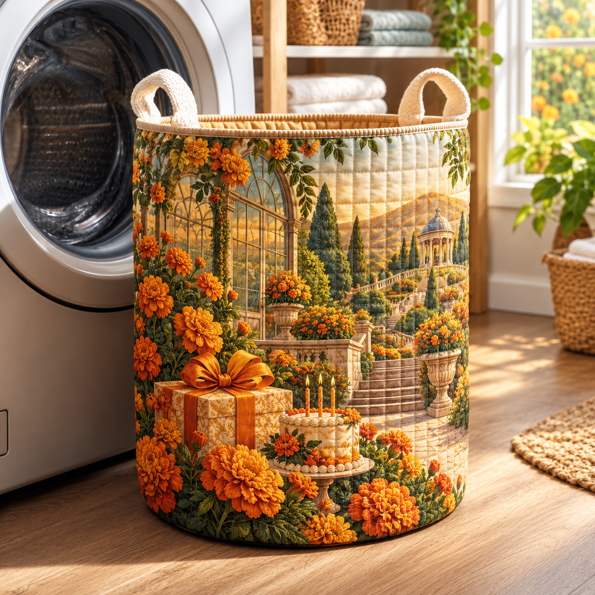 Marigold Jubilee Laundry Hamper with flat printed birthday conservatory artwork