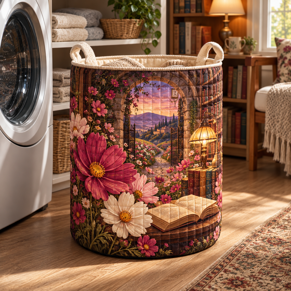 Cosmos Reading Haven Laundry Hamper with flat printed optical 3D cosmos and library artwork