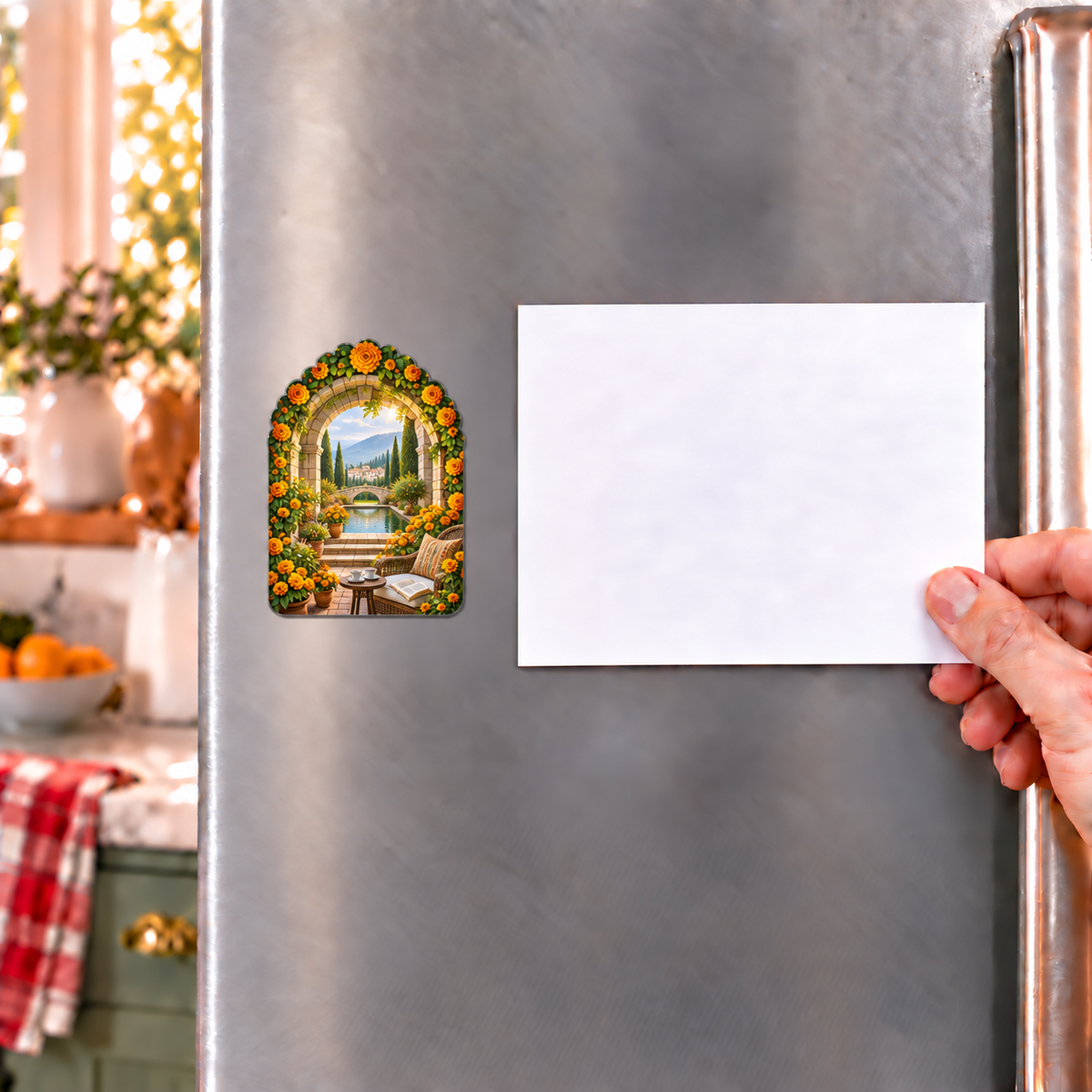 Marigold Stillwater Acrylic Refrigerator Magnet with flat printed quiet reading alcove and reflecting garden artwork