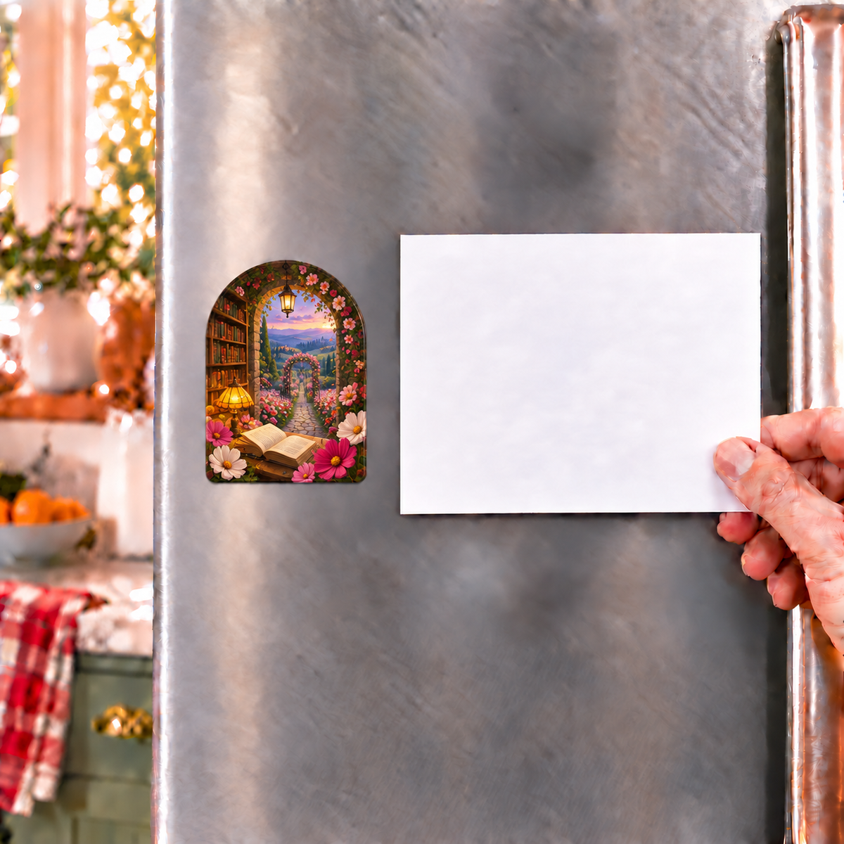 Cosmos Reading Haven Acrylic Refrigerator Magnet with flat printed optical 3D cosmos and library artwork