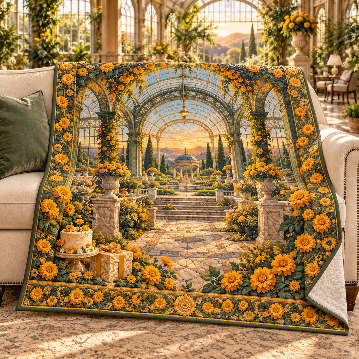 Marigold Jubilee Quilt Blanket with flat printed birthday conservatory artwork