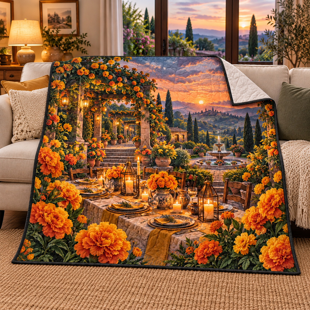 Marigold Welcome Table Quilt Blanket with flat printed optical 3D botanical artwork