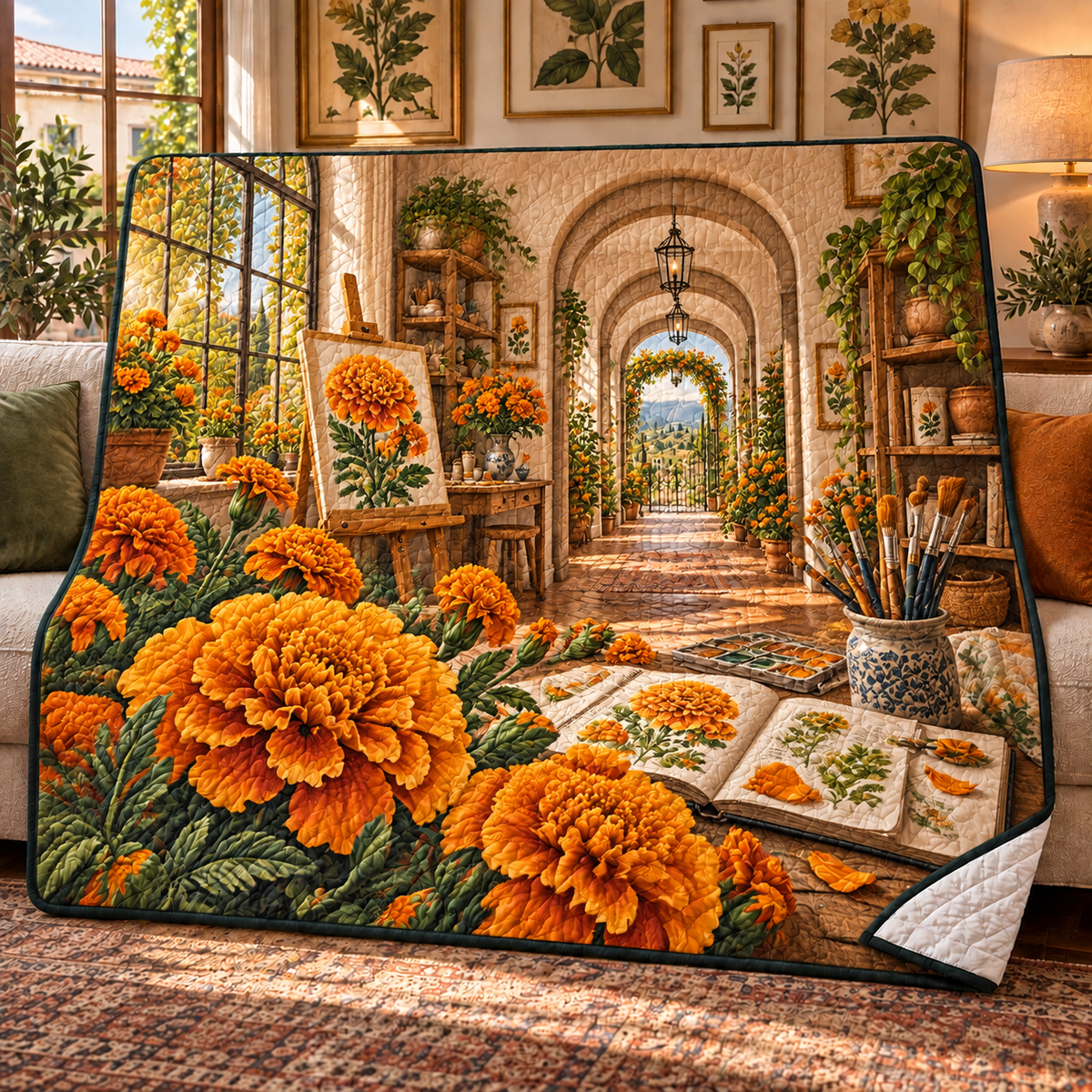 Marigold Creative Retreat Quilt Blanket with flat printed optical 3D botanical artwork