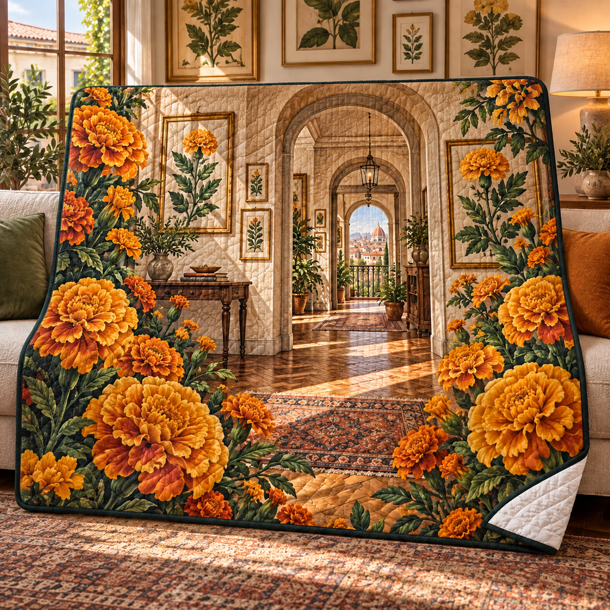 Marigold City Gallery Quilt Blanket with flat printed optical 3D botanical artwork