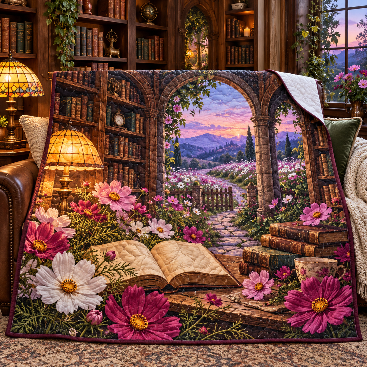 Cosmos Reading Haven Quilt Blanket with flat printed optical 3D cosmos and library artwork