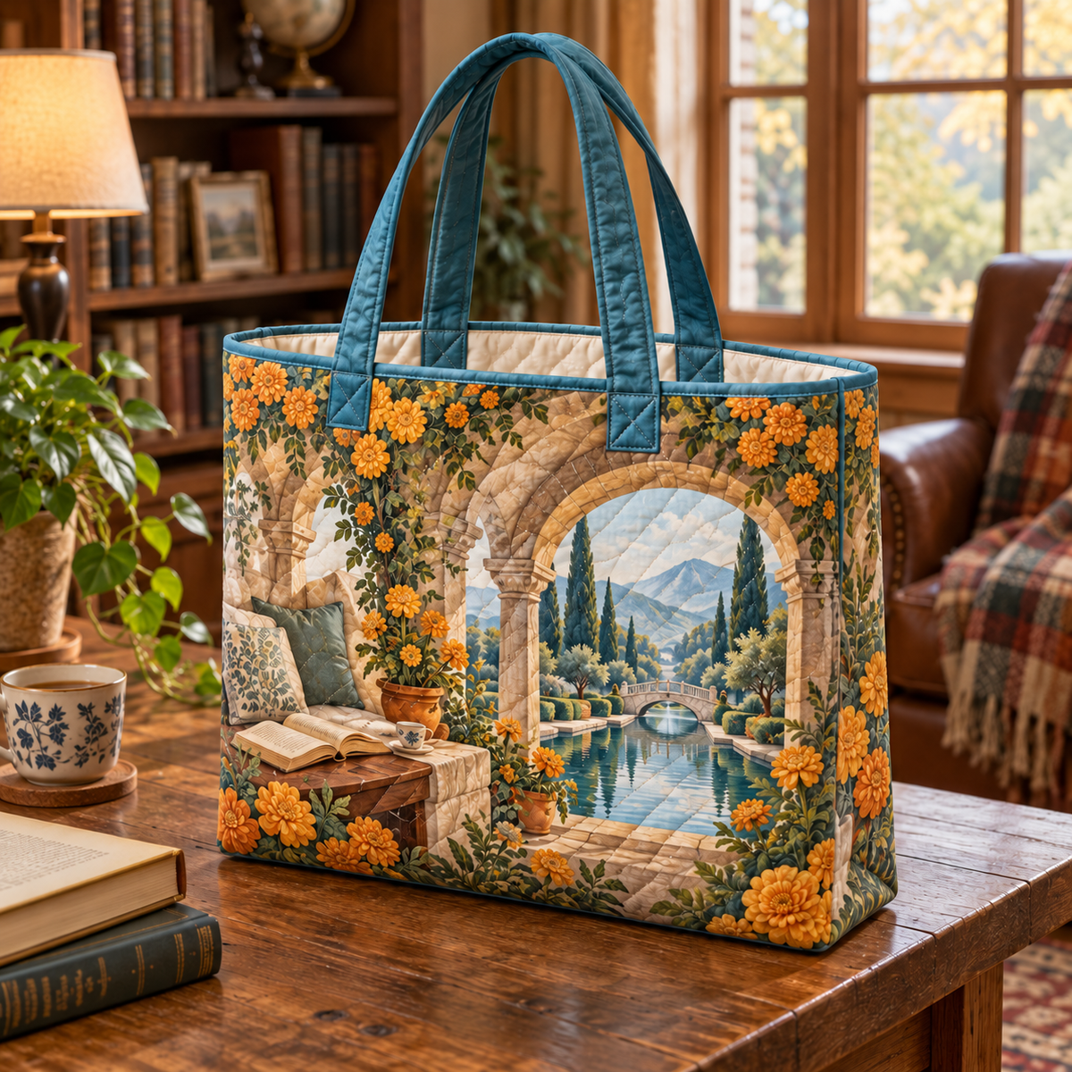 Marigold Stillwater Quilted Tote Bag with flat printed quiet reading alcove and reflecting garden artwork