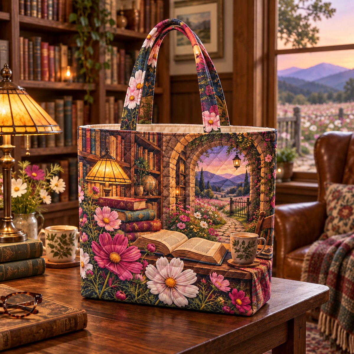 Cosmos Reading Haven Quilted Tote Bag with flat printed optical 3D cosmos and library artwork