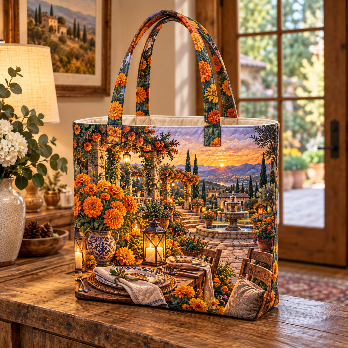 Marigold Welcome Table Quilted Tote Bag with flat printed optical 3D botanical artwork