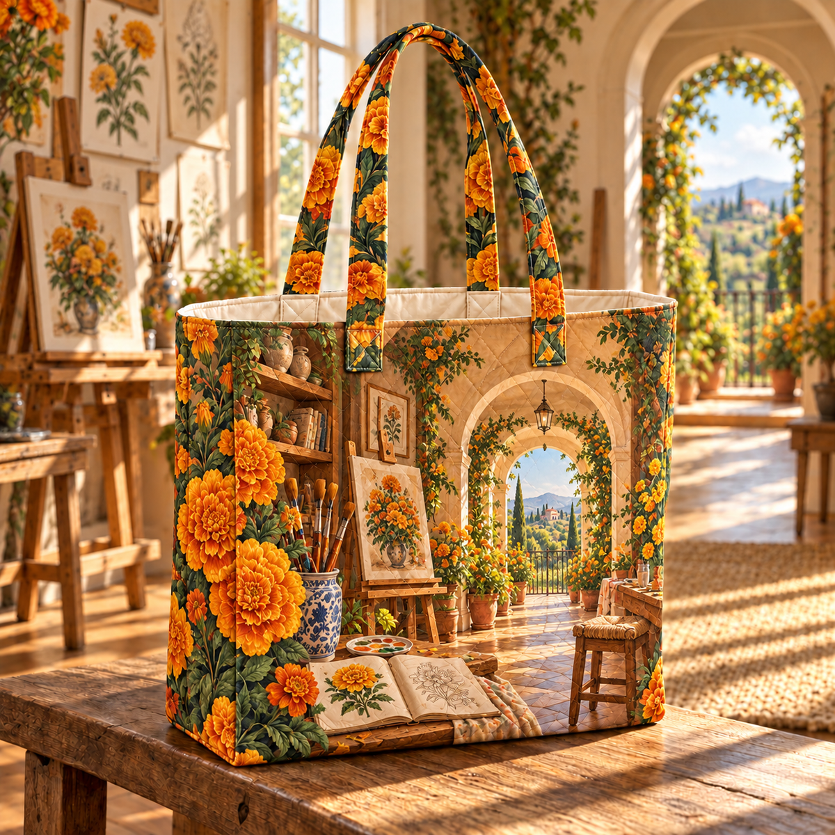 Marigold Creative Retreat Quilted Tote Bag with flat printed optical 3D botanical artwork