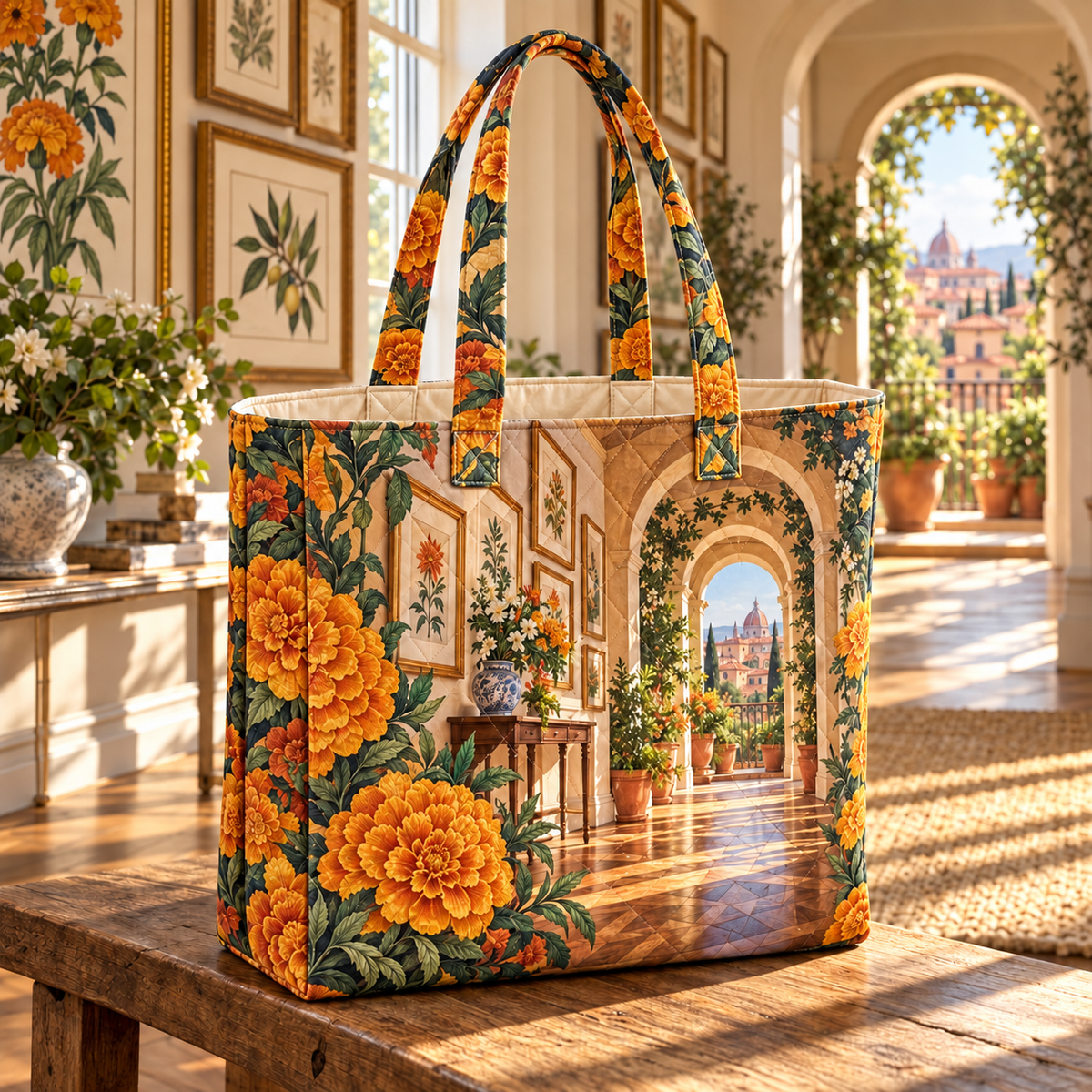 Marigold City Gallery Quilted Tote Bag with flat printed optical 3D botanical artwork