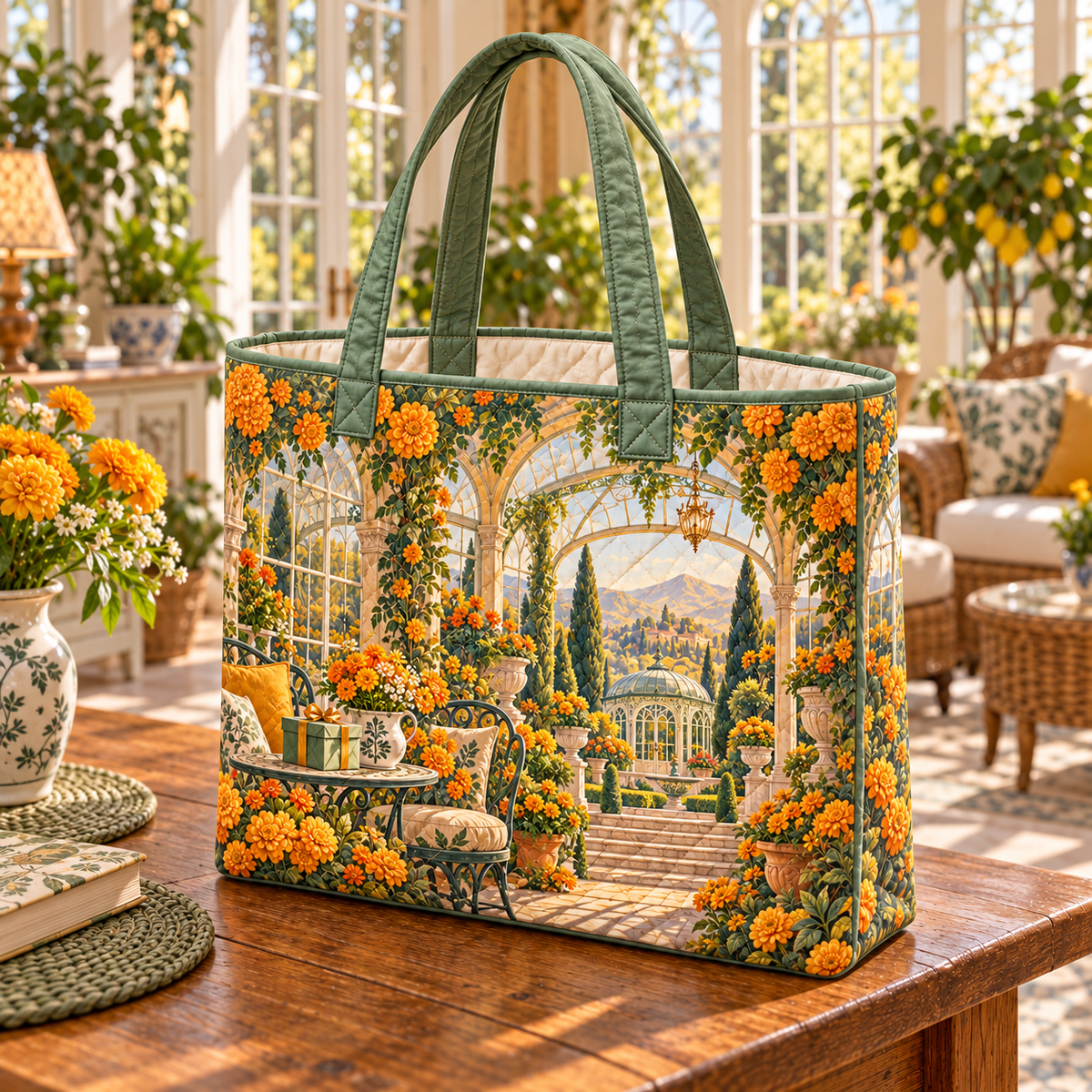 Marigold Jubilee Quilted Tote Bag with flat printed birthday conservatory artwork