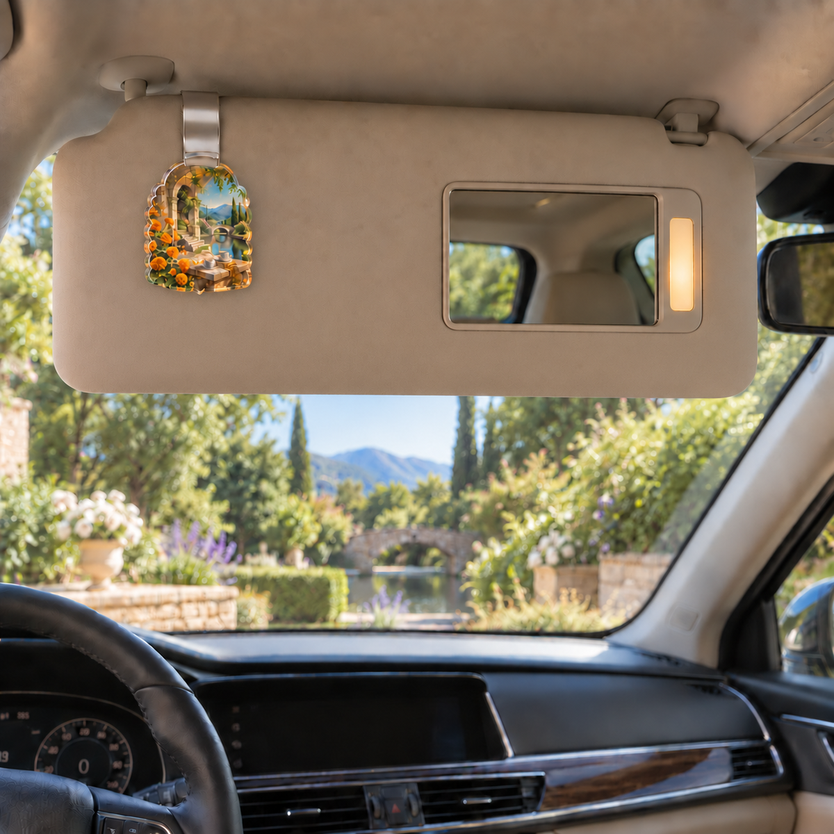 Marigold Stillwater Holographic Car Visor Clip with flat printed quiet reading alcove and reflecting garden artwork
