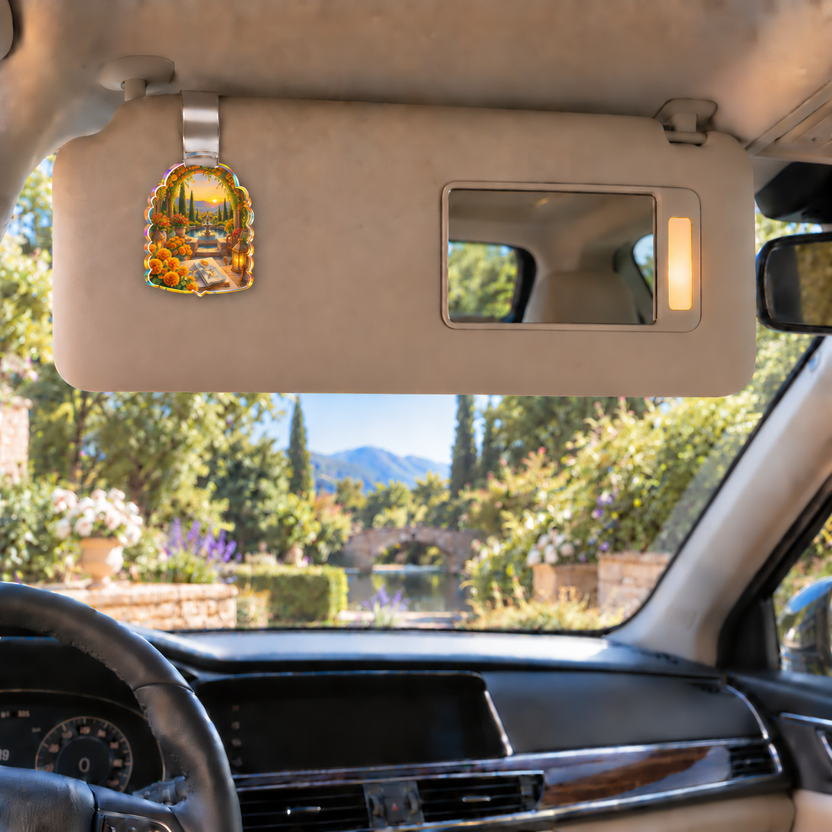Marigold Welcome Table Holographic Car Visor Clip with flat printed optical 3D botanical artwork