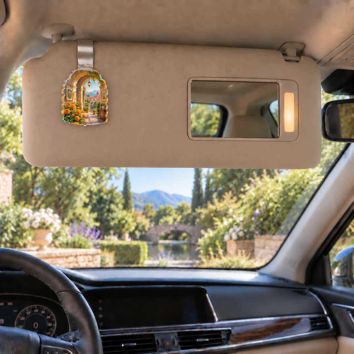 Marigold City Gallery Holographic Car Visor Clip with flat printed optical 3D botanical artwork