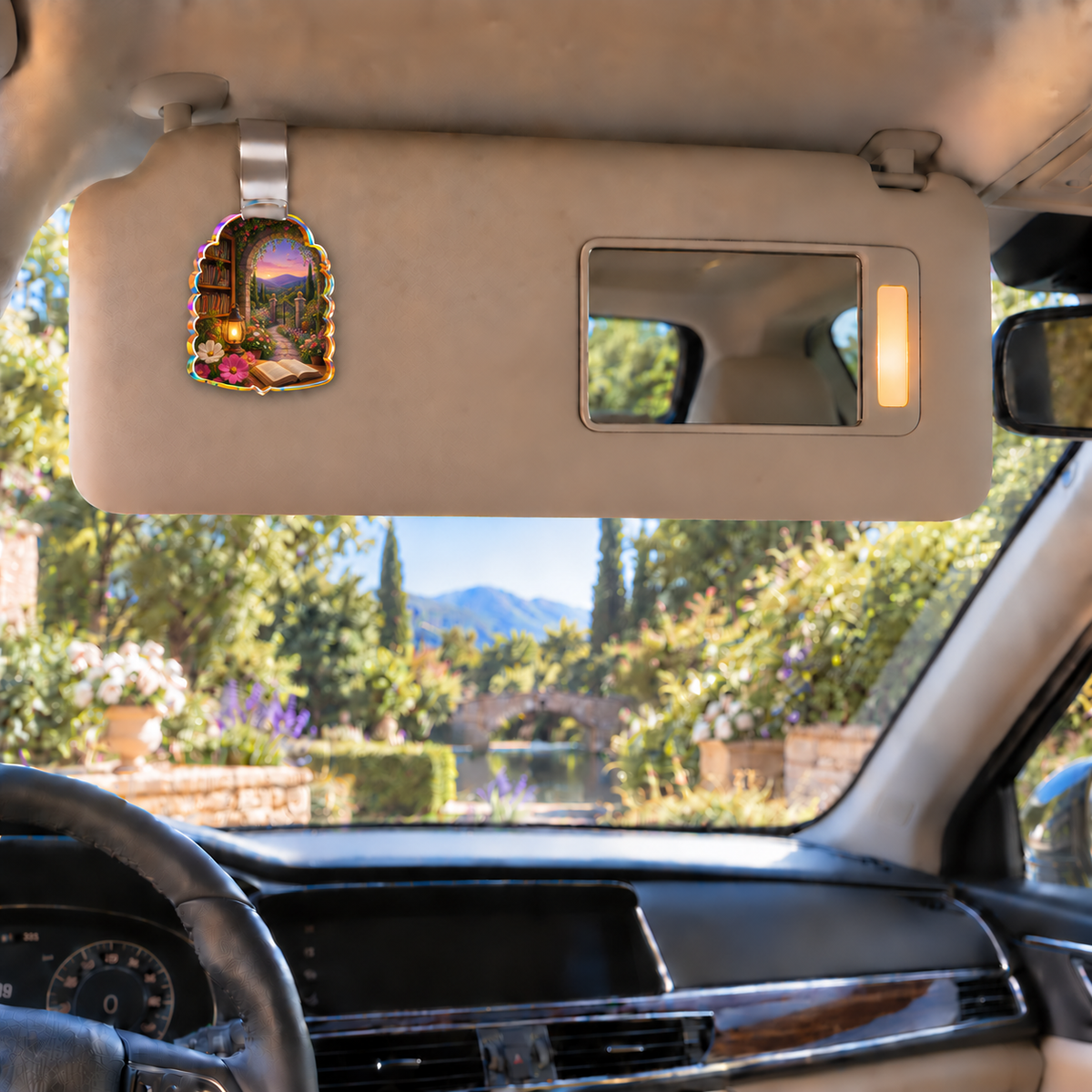 Cosmos Reading Haven Holographic Car Visor Clip with flat printed optical 3D cosmos and library artwork