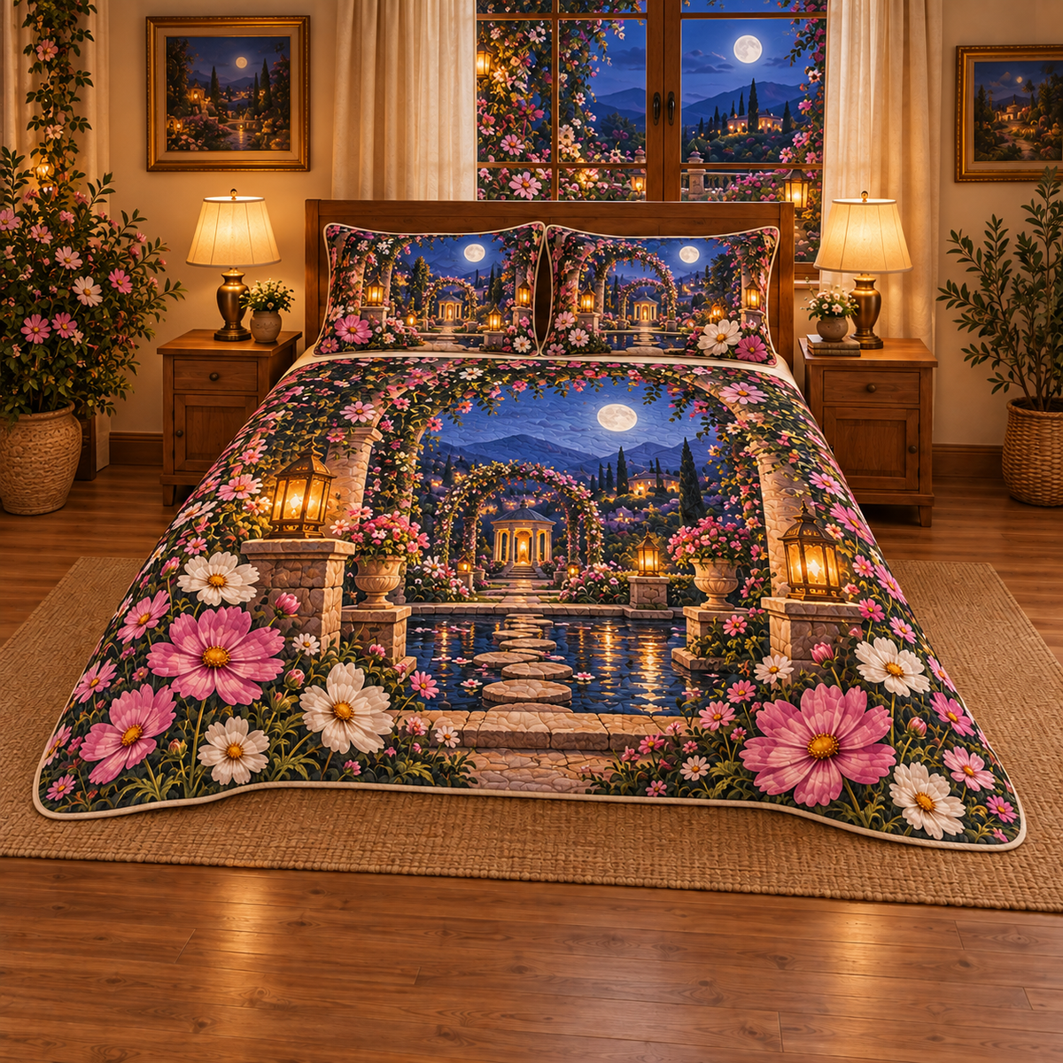 Cosmos Moonlit Sanctuary Quilted Bedding Set with flat printed optical 3D cosmos garden artwork