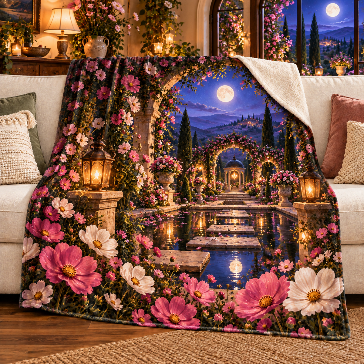 Cosmos Moonlit Sanctuary Sherpa & Fleece Blanket with flat printed optical 3D cosmos garden artwork