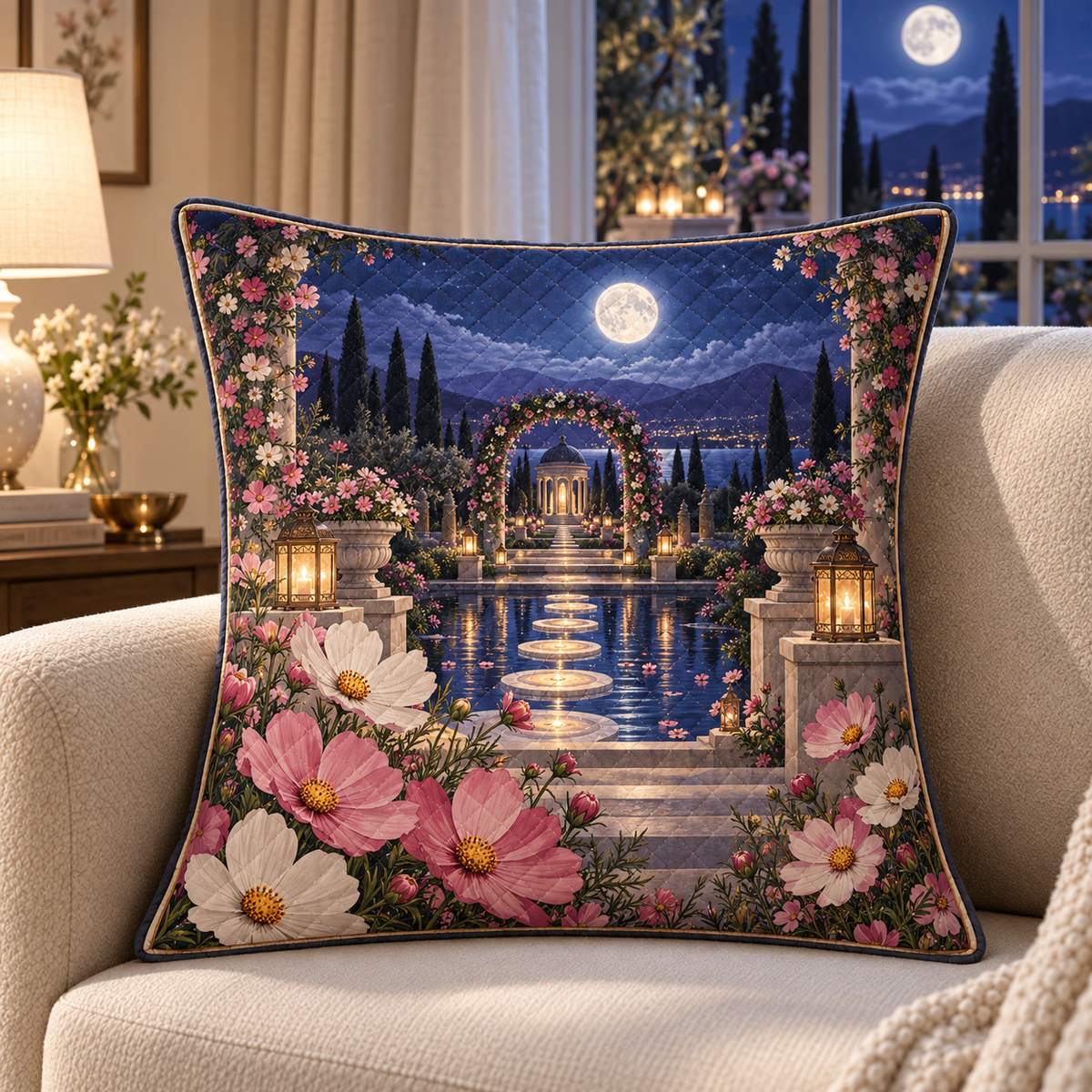 Cosmos Moonlit Sanctuary Quilted Cushion Cover with flat printed optical 3D cosmos garden artwork