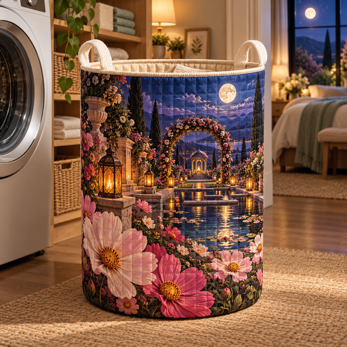 Cosmos Moonlit Sanctuary Laundry Hamper with flat printed optical 3D cosmos garden artwork