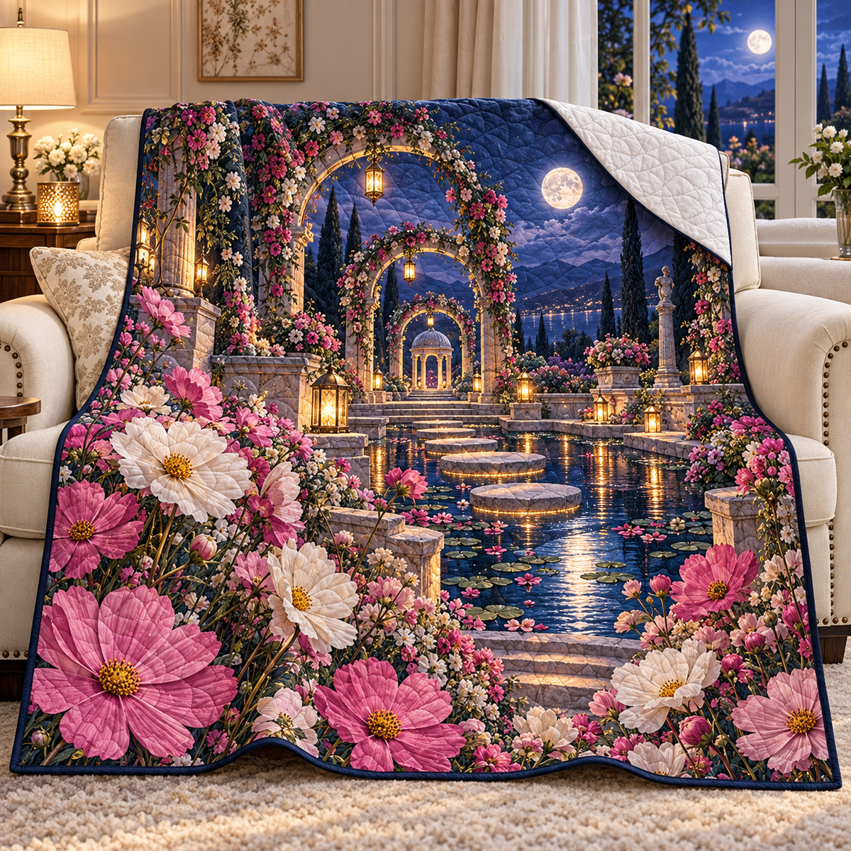 Cosmos Moonlit Sanctuary Quilt Blanket with flat printed optical 3D cosmos garden artwork