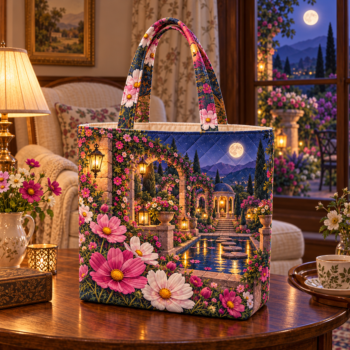 Cosmos Moonlit Sanctuary Quilted Tote Bag with flat printed optical 3D cosmos garden artwork