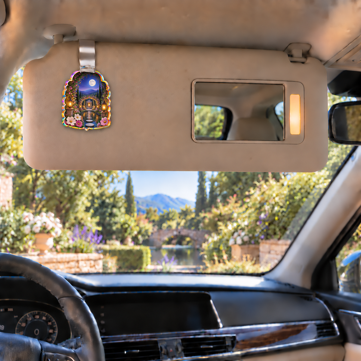 Cosmos Moonlit Sanctuary Holographic Car Visor Clip with flat printed optical 3D cosmos garden artwork