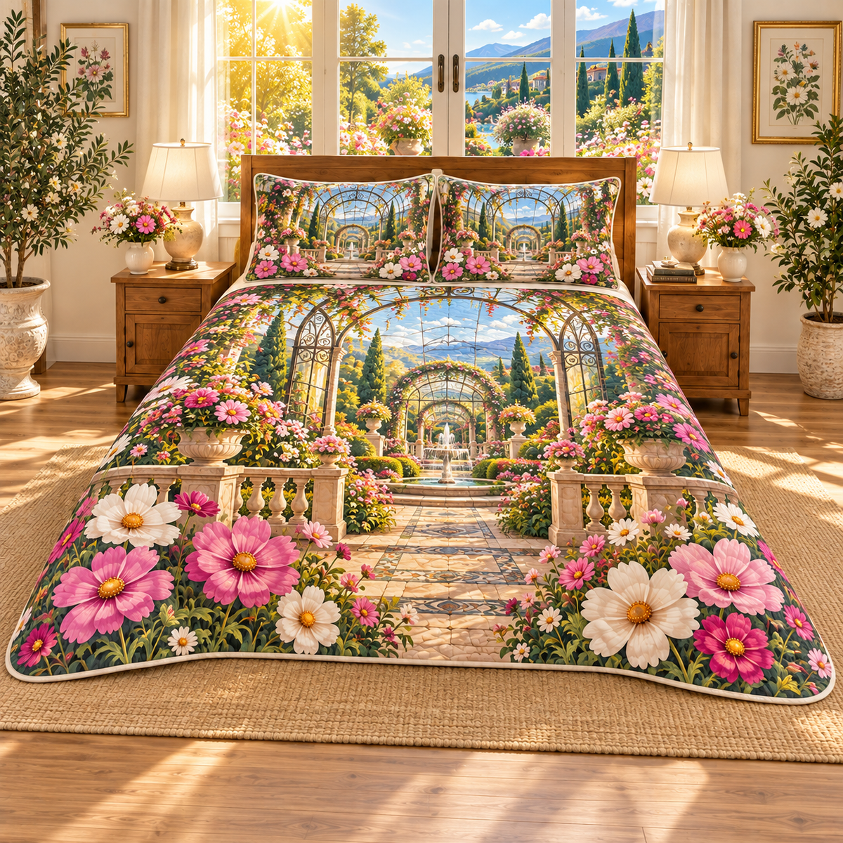 Cosmos Sunlit Conservatory Quilted Bedding Set with flat printed cosmos conservatory artwork in a complete use setting