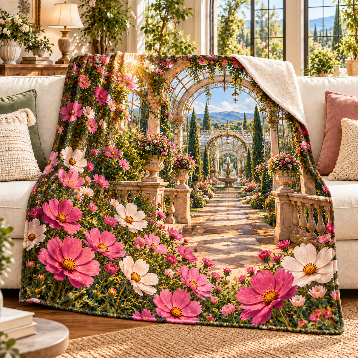 Cosmos Sunlit Conservatory Sherpa & Fleece Blanket with flat printed cosmos conservatory artwork in a complete use setting