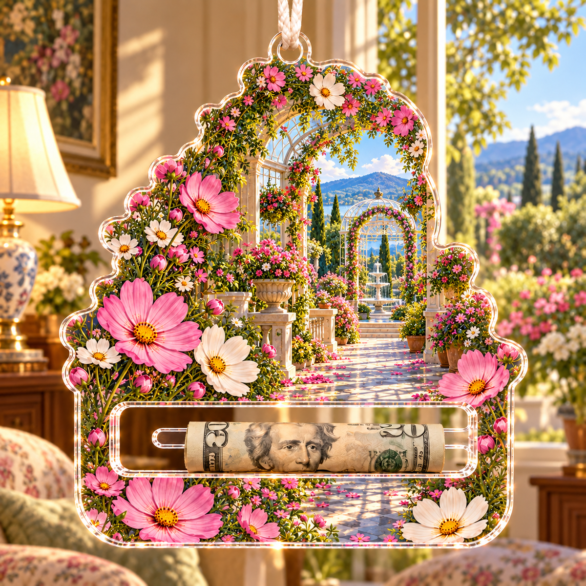 Cosmos Sunlit Conservatory Acrylic Cash Holder Ornament with flat printed cosmos conservatory artwork in a complete use setting