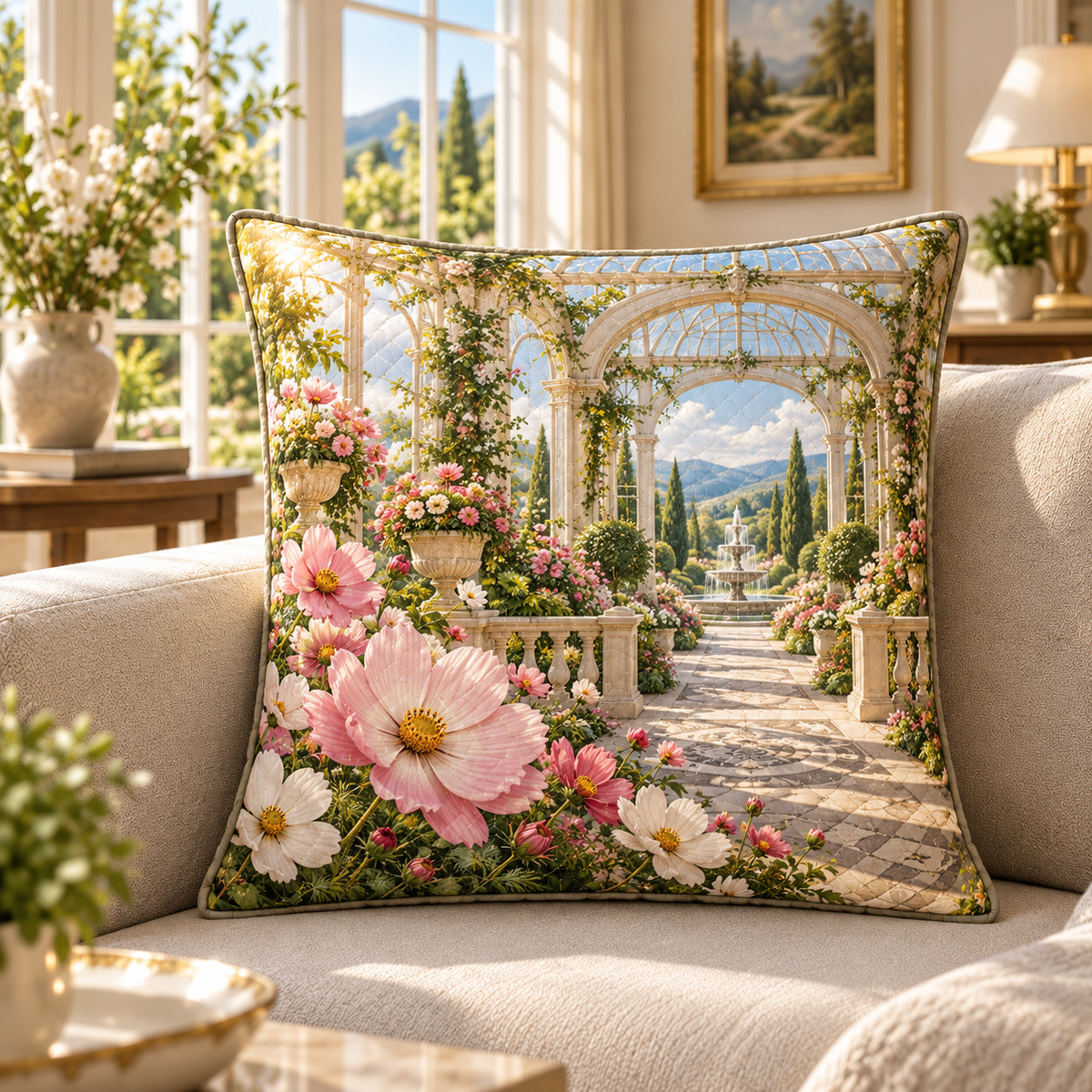 Cosmos Sunlit Conservatory Quilted Cushion Cover with flat printed cosmos conservatory artwork in a complete use setting