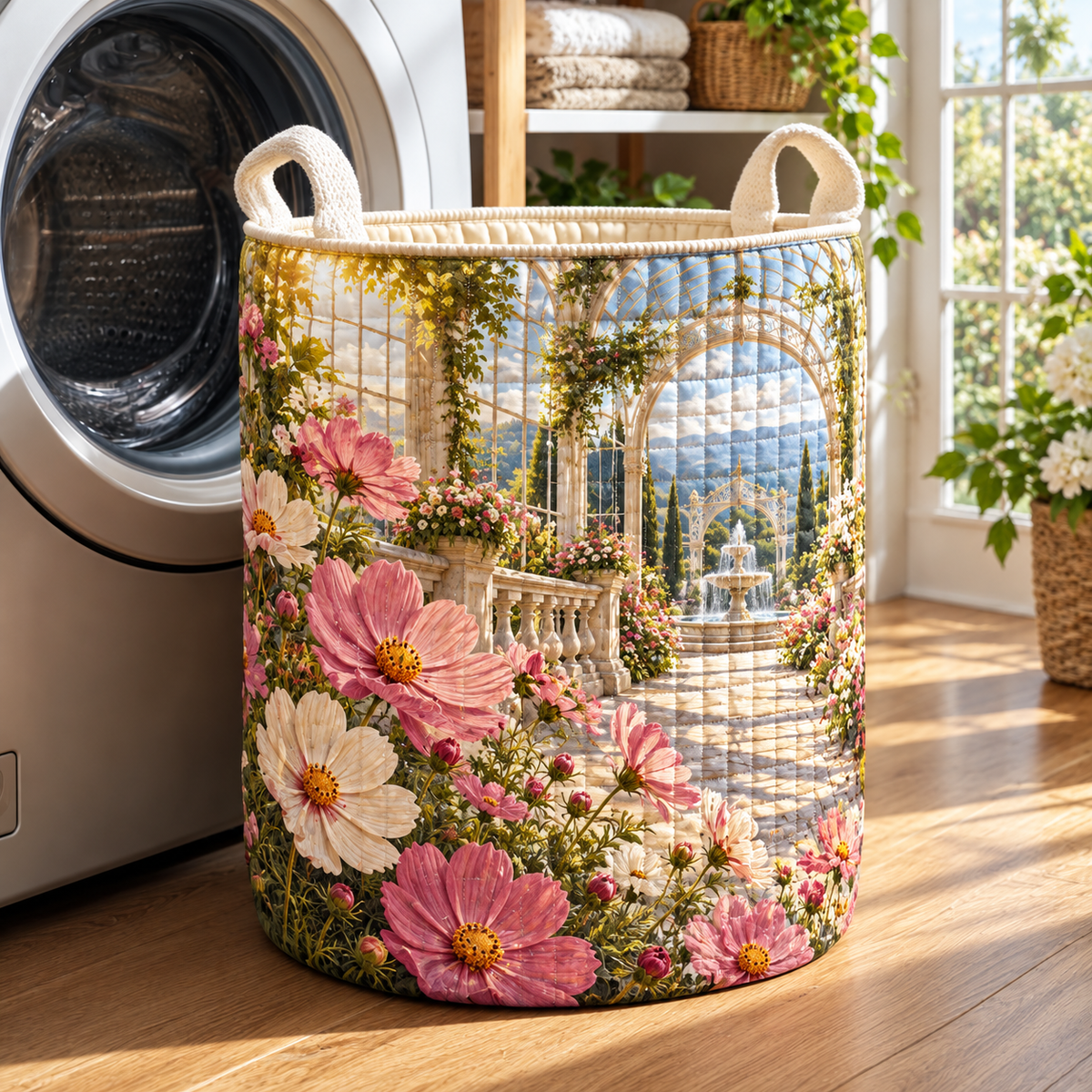 Cosmos Sunlit Conservatory Laundry Hamper with flat printed cosmos conservatory artwork in a complete use setting