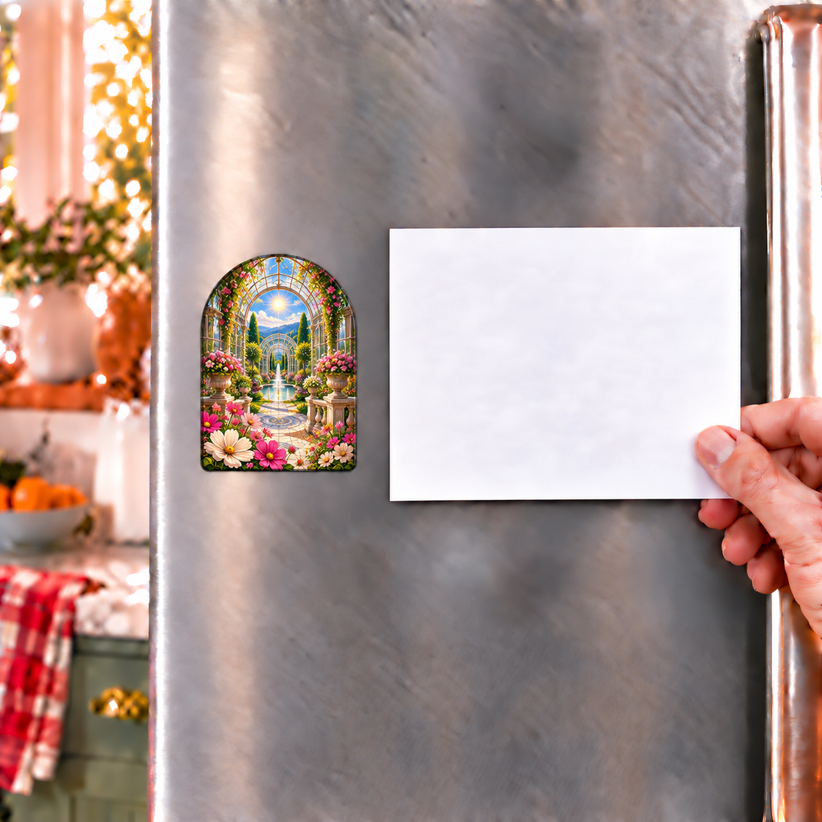Cosmos Sunlit Conservatory Acrylic Refrigerator Magnet with flat printed cosmos conservatory artwork in a complete use setting