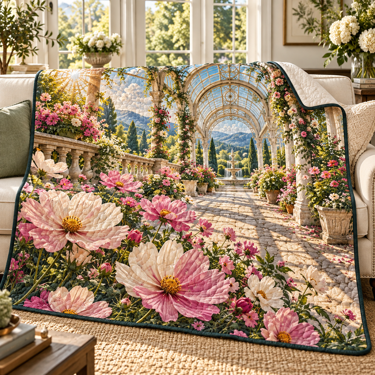 Cosmos Sunlit Conservatory Quilt Blanket with flat printed cosmos conservatory artwork in a complete use setting
