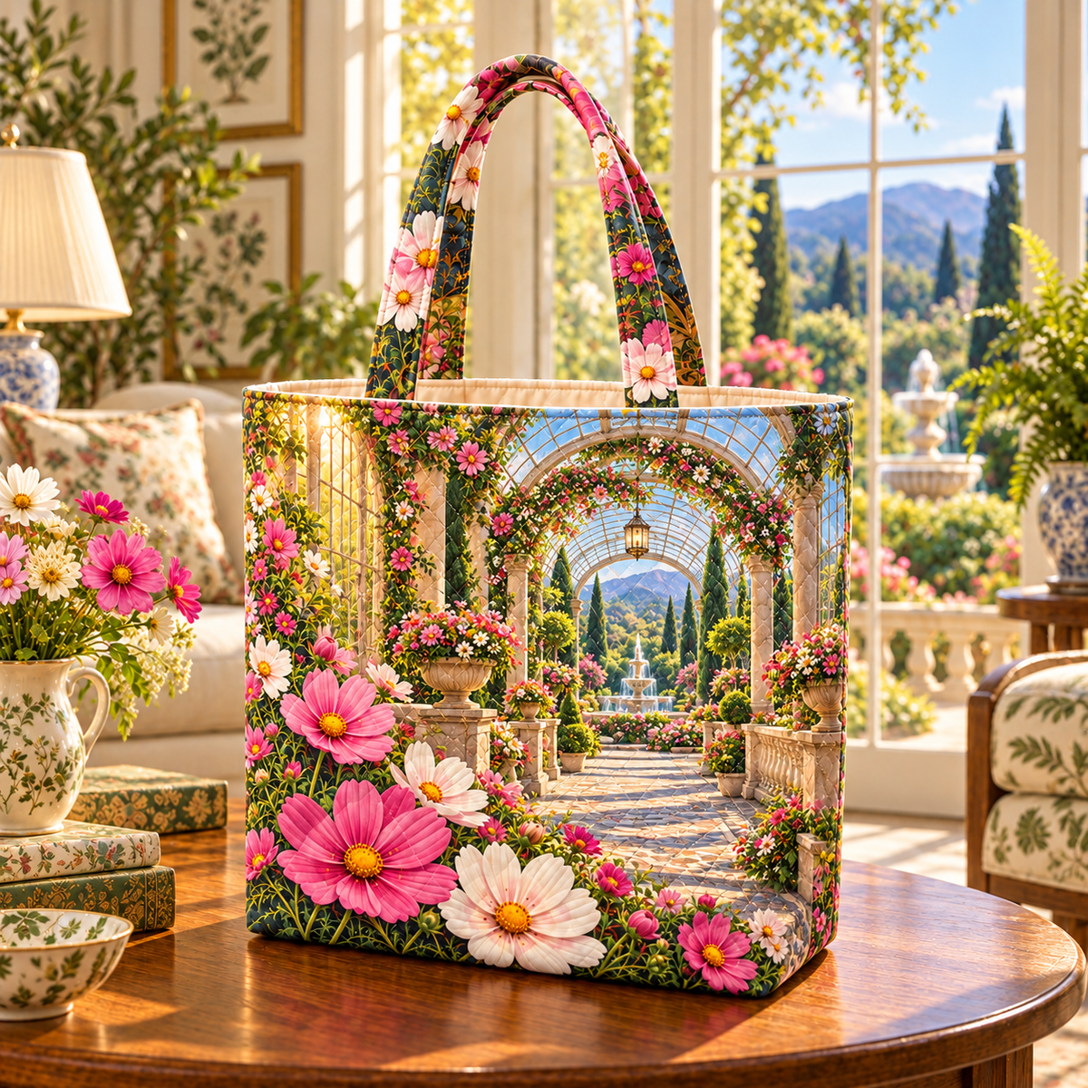 Cosmos Sunlit Conservatory Quilted Tote Bag with flat printed cosmos conservatory artwork in a complete use setting