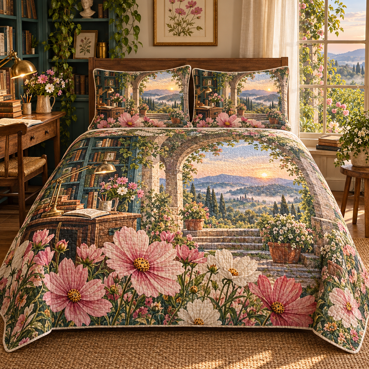 Cosmos Writing Retreat Quilted Bedding Set with flat printed cosmos writing retreat artwork in a complete use setting
