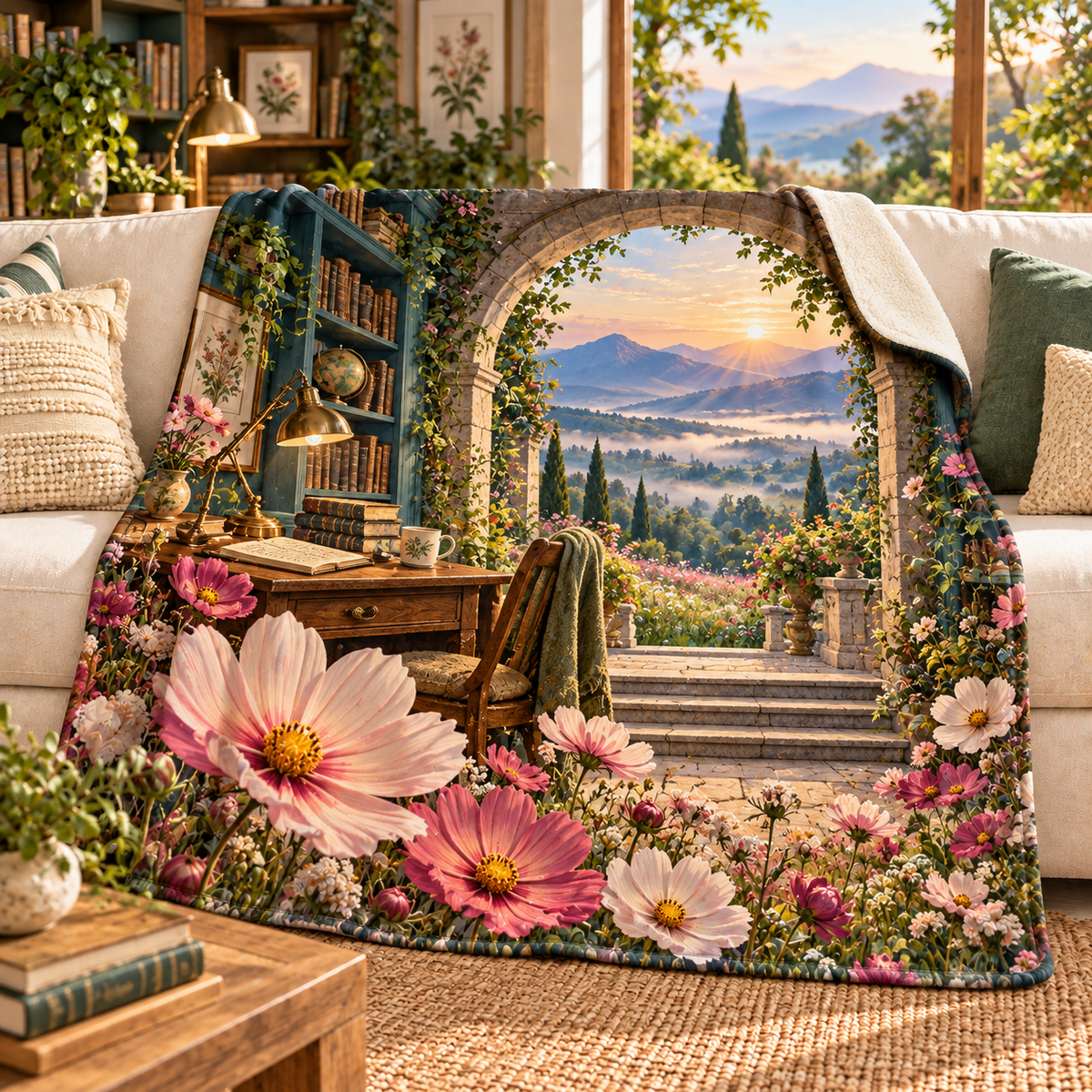 Cosmos Writing Retreat Sherpa & Fleece Blanket with flat printed cosmos writing retreat artwork in a complete use setting
