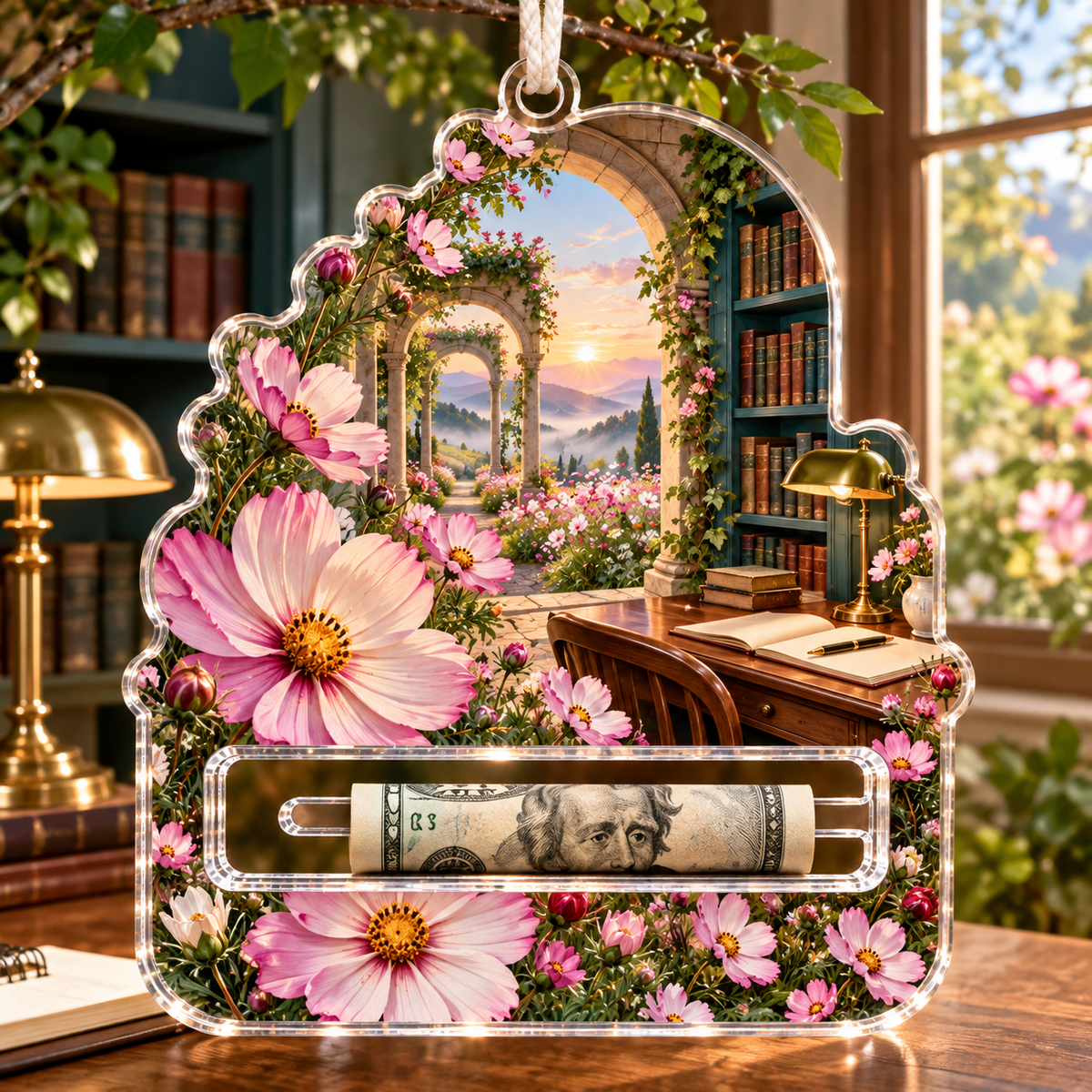 Cosmos Writing Retreat Acrylic Cash Holder Ornament with flat printed cosmos writing retreat artwork in a complete use setting