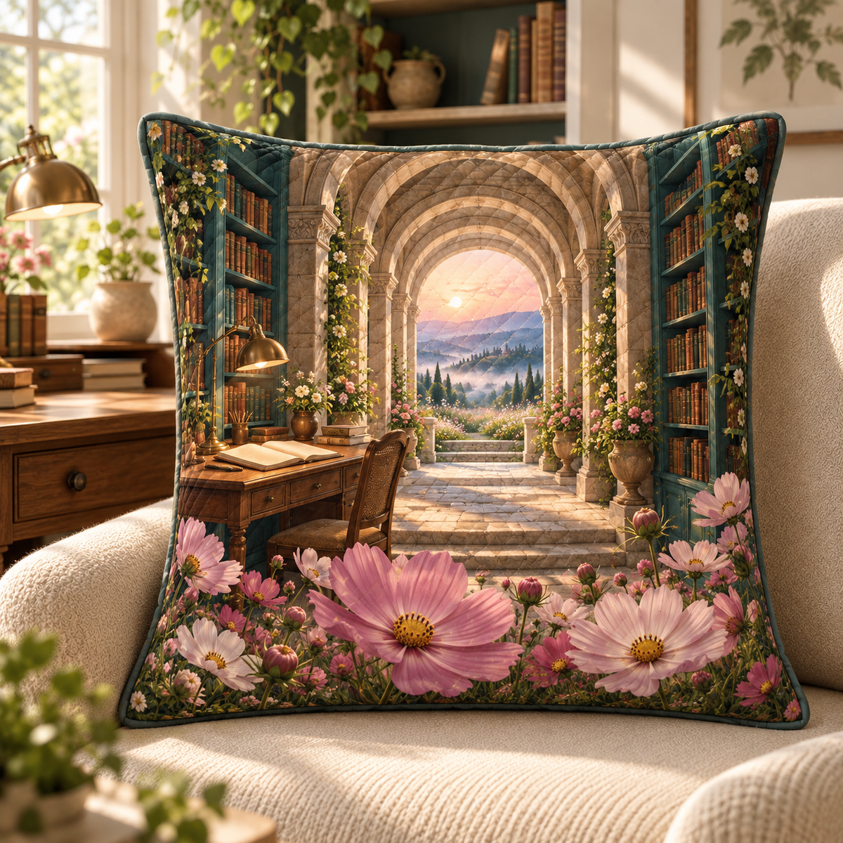 Cosmos Writing Retreat Quilted Cushion Cover with flat printed cosmos writing retreat artwork in a complete use setting