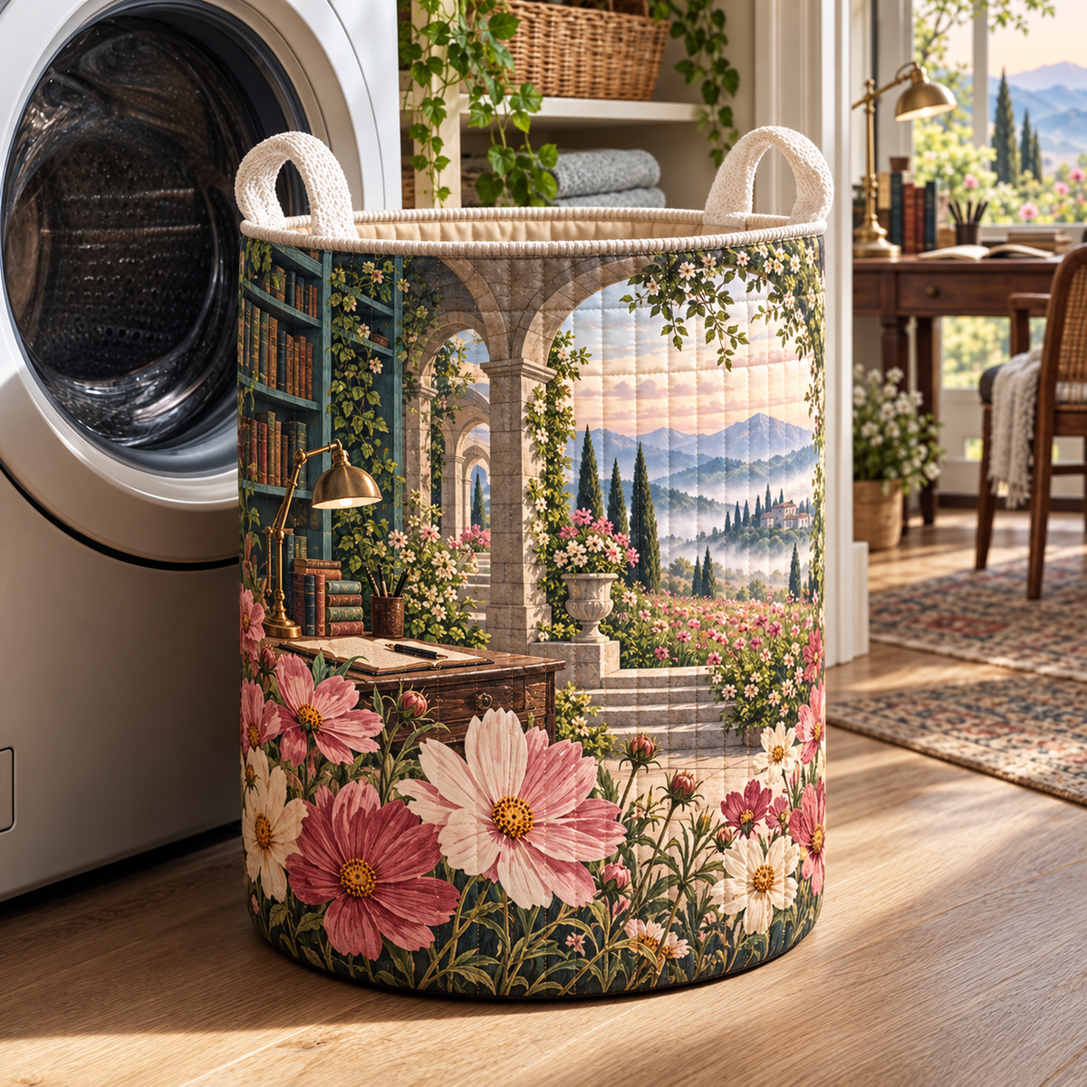 Cosmos Writing Retreat Laundry Hamper with flat printed cosmos writing retreat artwork in a complete use setting