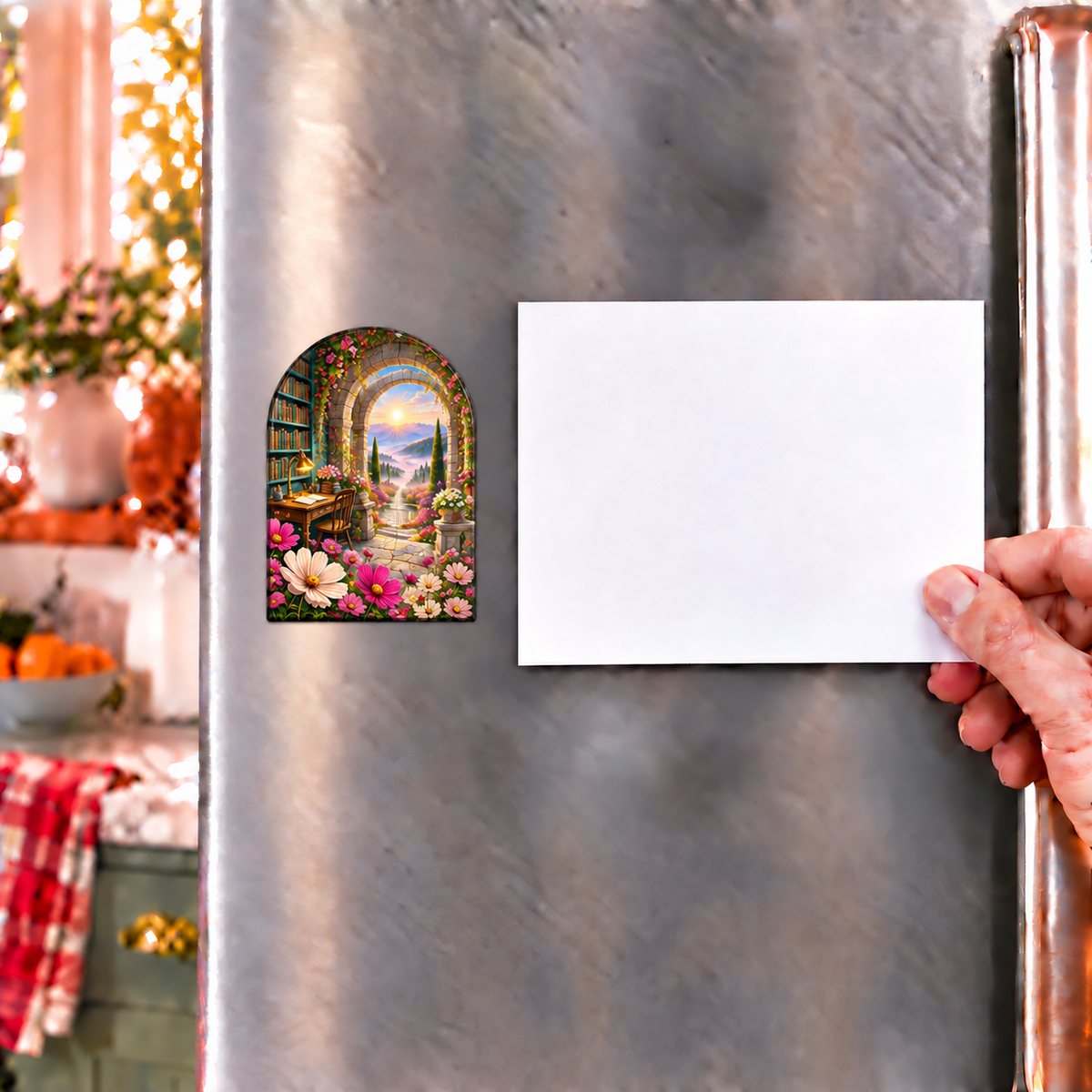 Cosmos Writing Retreat Acrylic Refrigerator Magnet with flat printed cosmos writing retreat artwork in a complete use setting