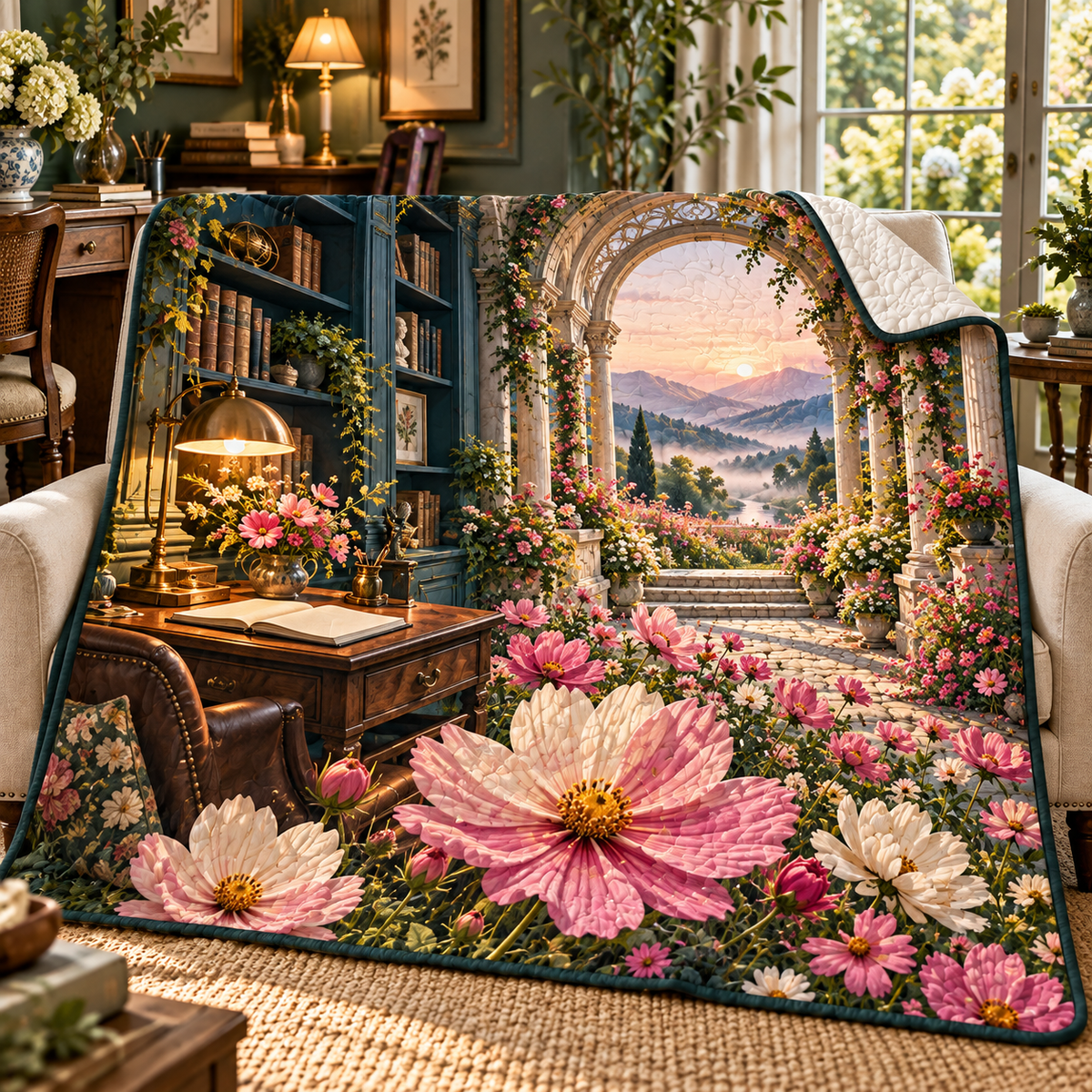 Cosmos Writing Retreat Quilt Blanket with flat printed cosmos writing retreat artwork in a complete use setting